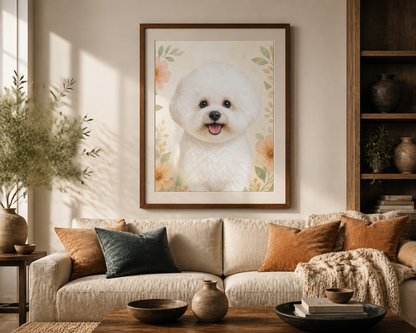 Ritratto ad acquerello di un bichon bianco, incorniciato sopra un divano dai toni neutri.