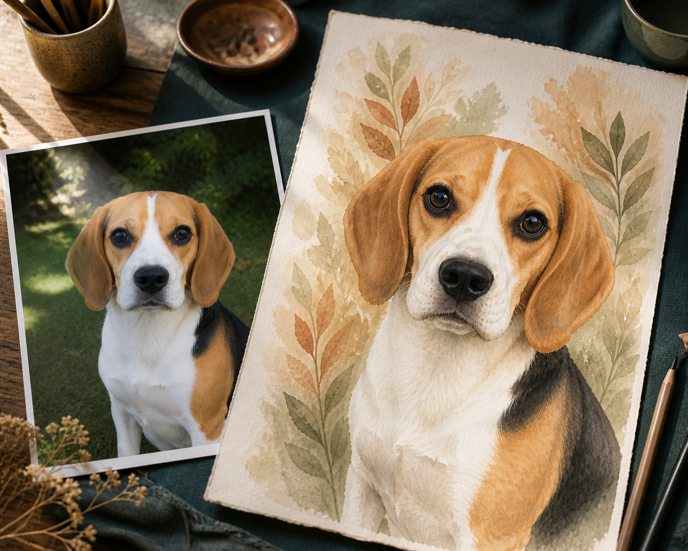 Foto di riferimento di un beagle accanto al ritratto ad acquerello finito.
