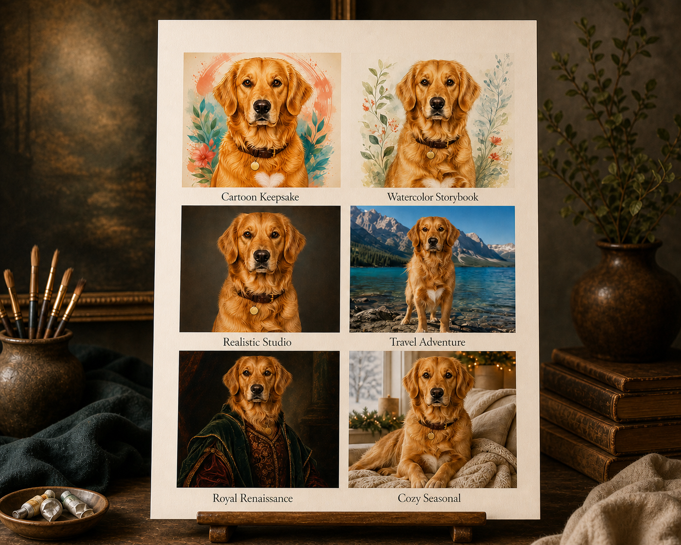 Sei stili personalizzati di ritratti di un cane golden presentati in un catalogo d’arte.