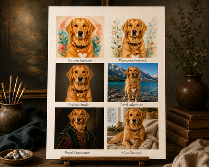 Sei stili personalizzati di ritratti di un cane golden presentati in un catalogo d’arte.