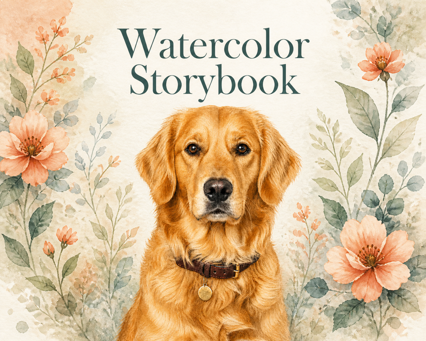 Ritratto ad acquerello di un cane golden in stile libro illustrato, con fiori delicati e fogliame.