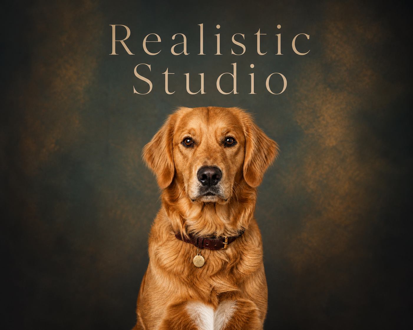Ritratto realistico in studio di un cane golden, con illuminazione in stile museale.