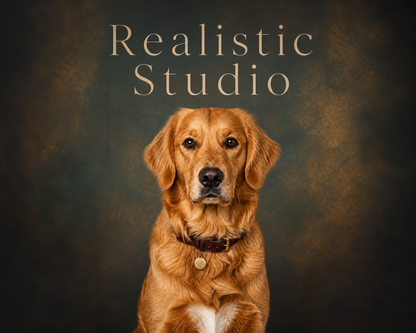 Ritratto realistico in studio di un cane golden, con illuminazione in stile museale.