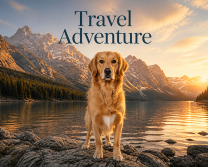 Ritratto di viaggio e avventura di un cane golden, ambientato presso un lago alpino.