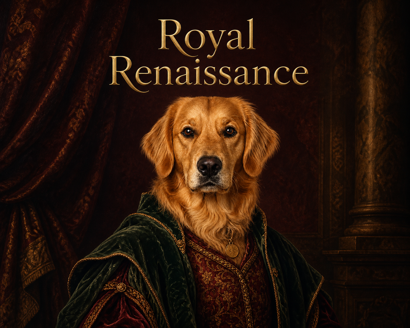 Ritratto regale rinascimentale di un cane golden, in un interno storico dalle tonalità scure.