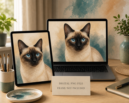 Ritratto digitale di un gatto siamese su un tablet e un laptop, con una scheda informativa che indica che si tratta di un file digitale.