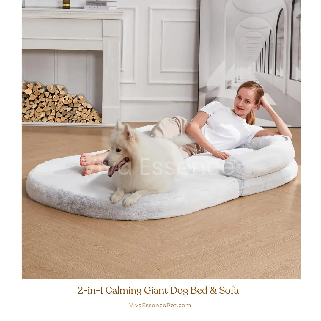 Giant dog bed for people and pets featuring a luxurious faux fur cover for shared comfort - vivaessencepet