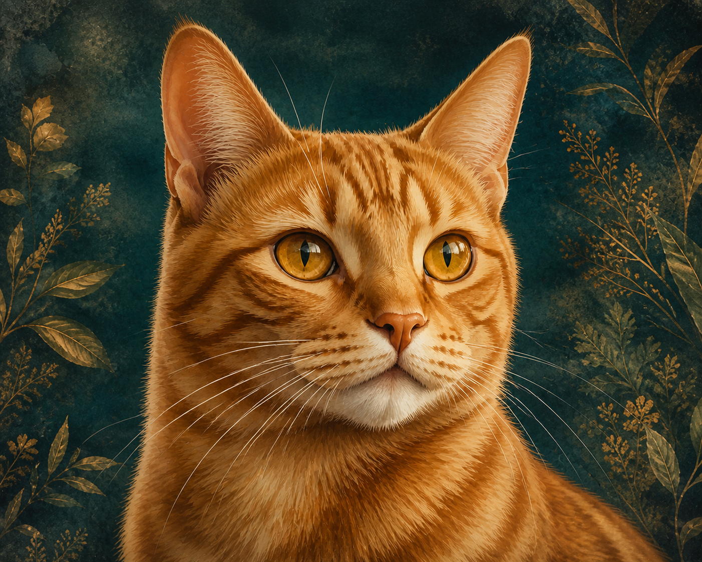 Primo piano di un ritratto artistico di un gatto soriano arancione, su uno sfondo botanico color verde petrolio intenso.