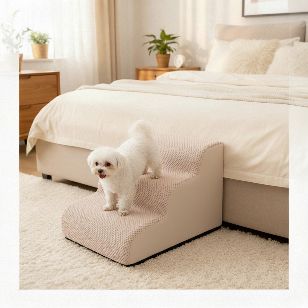 Three-tier high-density foam dog stairs with neutral cover for home decor - vivaessencepet