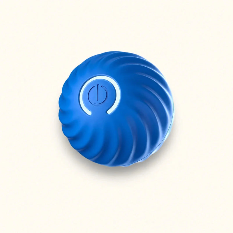 Blue IntelliRoll self-rolling pet ball on a warm cream background
