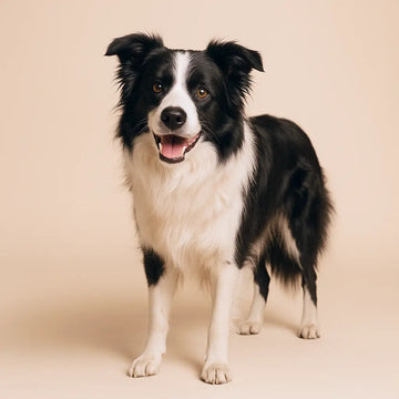 Flash, a four-year-old Border Collie and Viva Essence Pet model, alert and ready to play