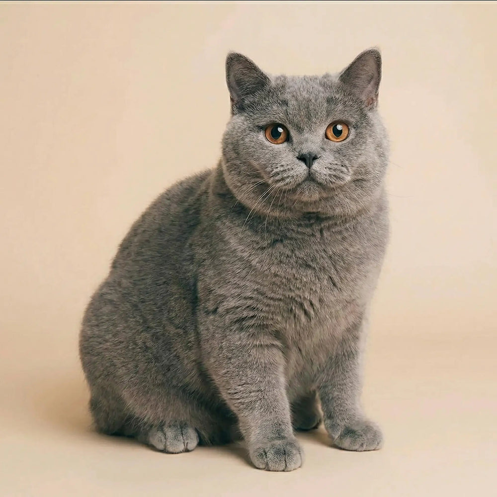 Oliver, a five-year-old British Shorthair cat and Viva Essence Pet model, lounging indoors