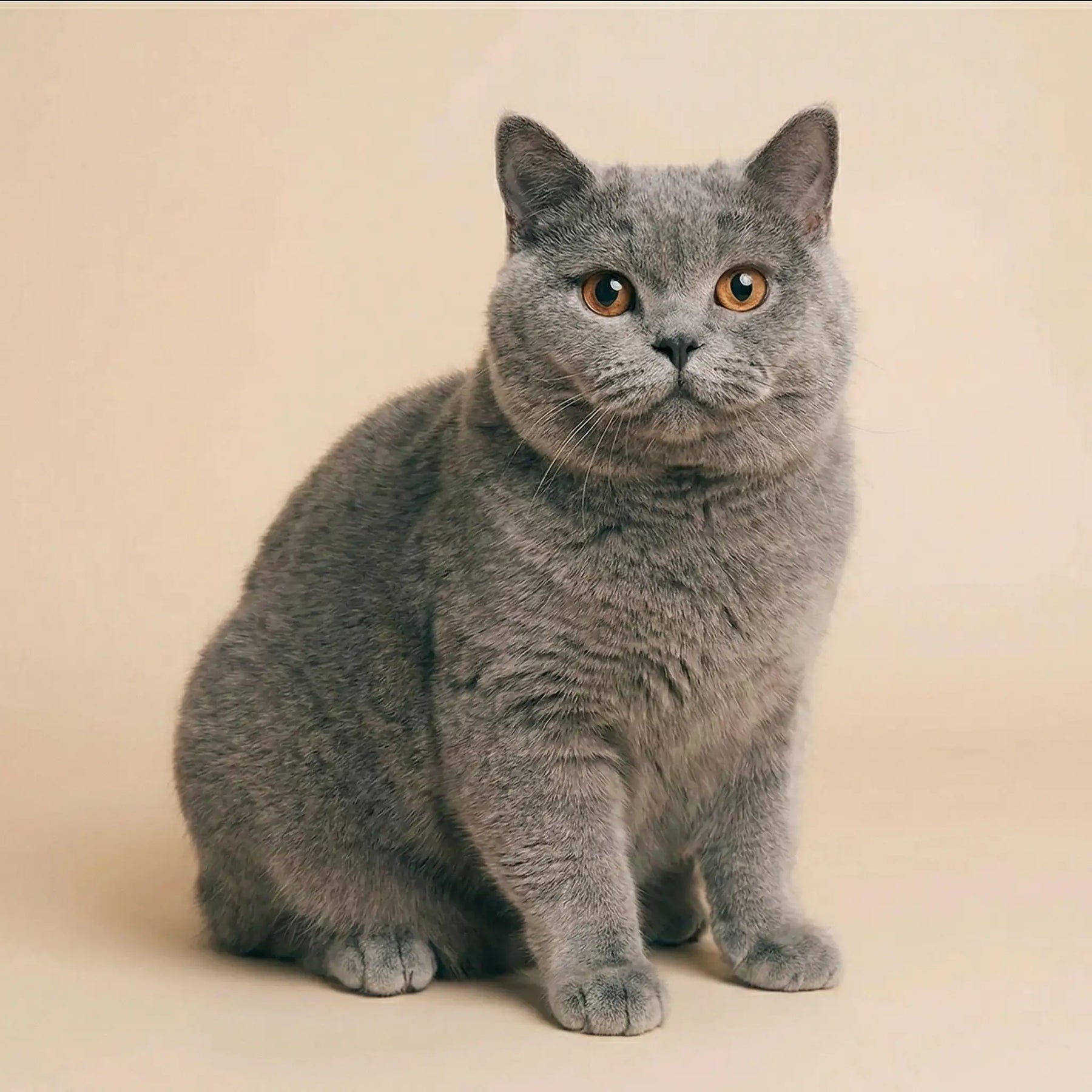 Oliver, a five-year-old British Shorthair cat and Viva Essence Pet model, lounging indoors