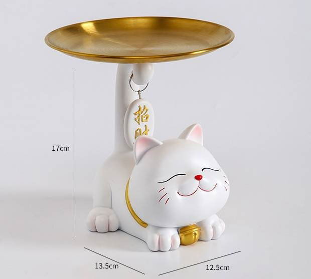 Charming Lucky Cat Resin Key Holder Tray - Home Decoration and Gift - Fishtail Cat Tray White Viva Essence