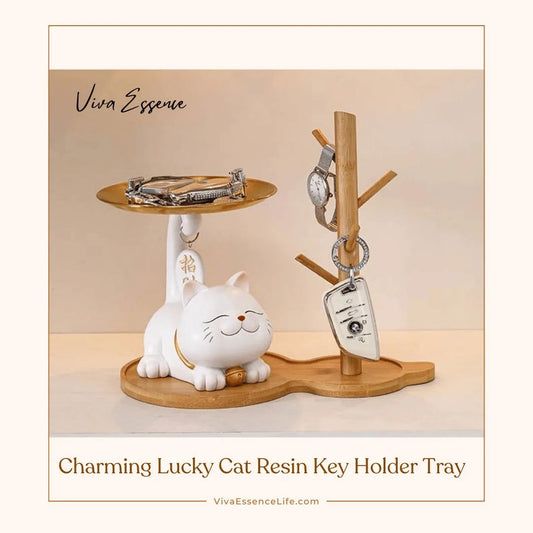 Charming Lucky Cat Resin Key Holder Tray - Home Decoration and Gift - Fishtail Cat Tray White + Storage Rack Viva Essence