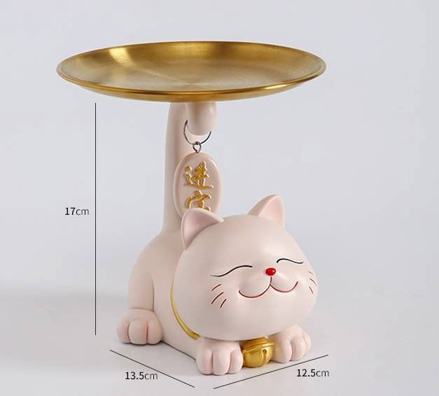 Charming Lucky Cat Resin Key Holder Tray - Home Decoration and Gift - Fishtail Cat Tray Pink Viva Essence