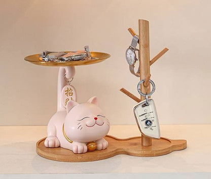 Charming Lucky Cat Resin Key Holder Tray - Home Decoration and Gift - Fishtail Cat Tray Pink + Storage Rack Viva Essence