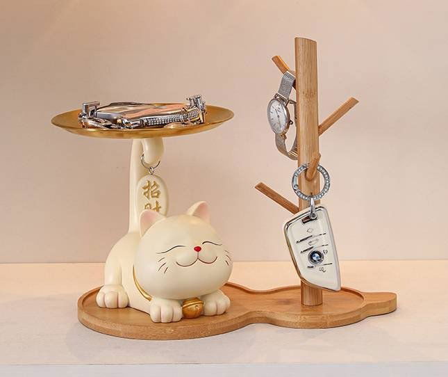 Charming Lucky Cat Resin Key Holder Tray - Home Decoration and Gift - Fishtail Cat Tray Beige + Storage Rack Viva Essence