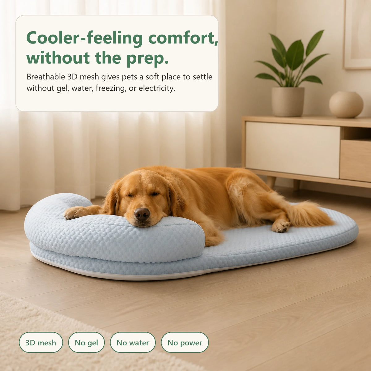 9. Golden Retriever che si rilassa sul letto rinfrescante Chillbuddy Oasis durante una mattina calda - vivaessencepet