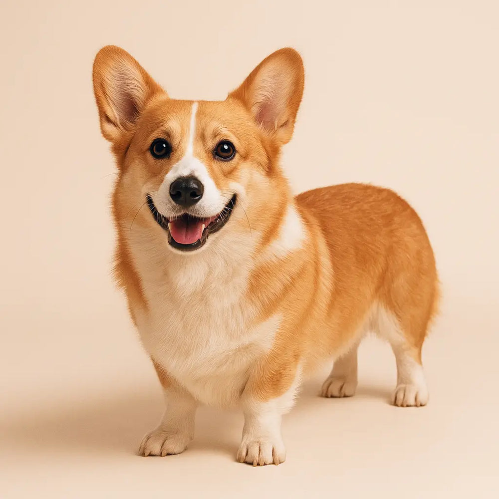 Rosie, a three-year-old Corgi and Viva Essence Pet model, standing after an outdoor walk