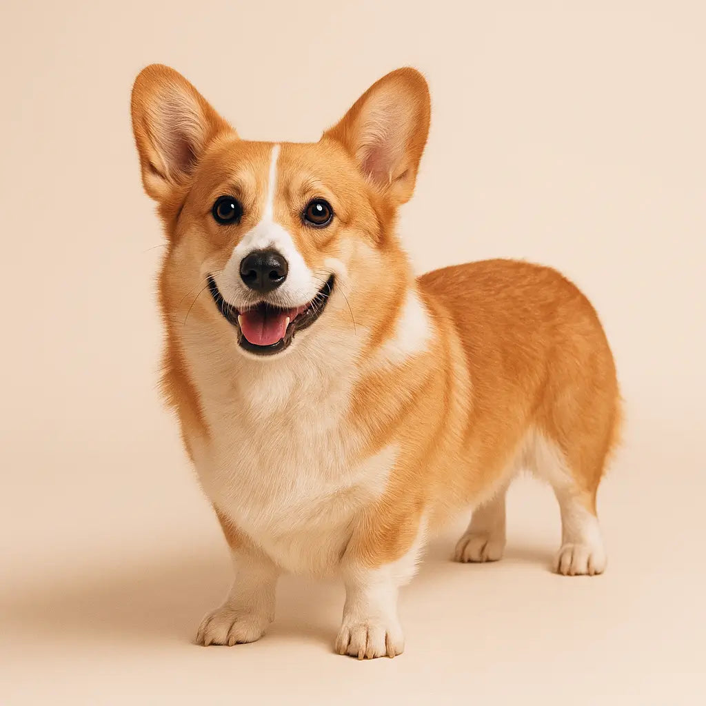 Rosie, a three-year-old Corgi and Viva Essence Pet model, standing after an outdoor walk