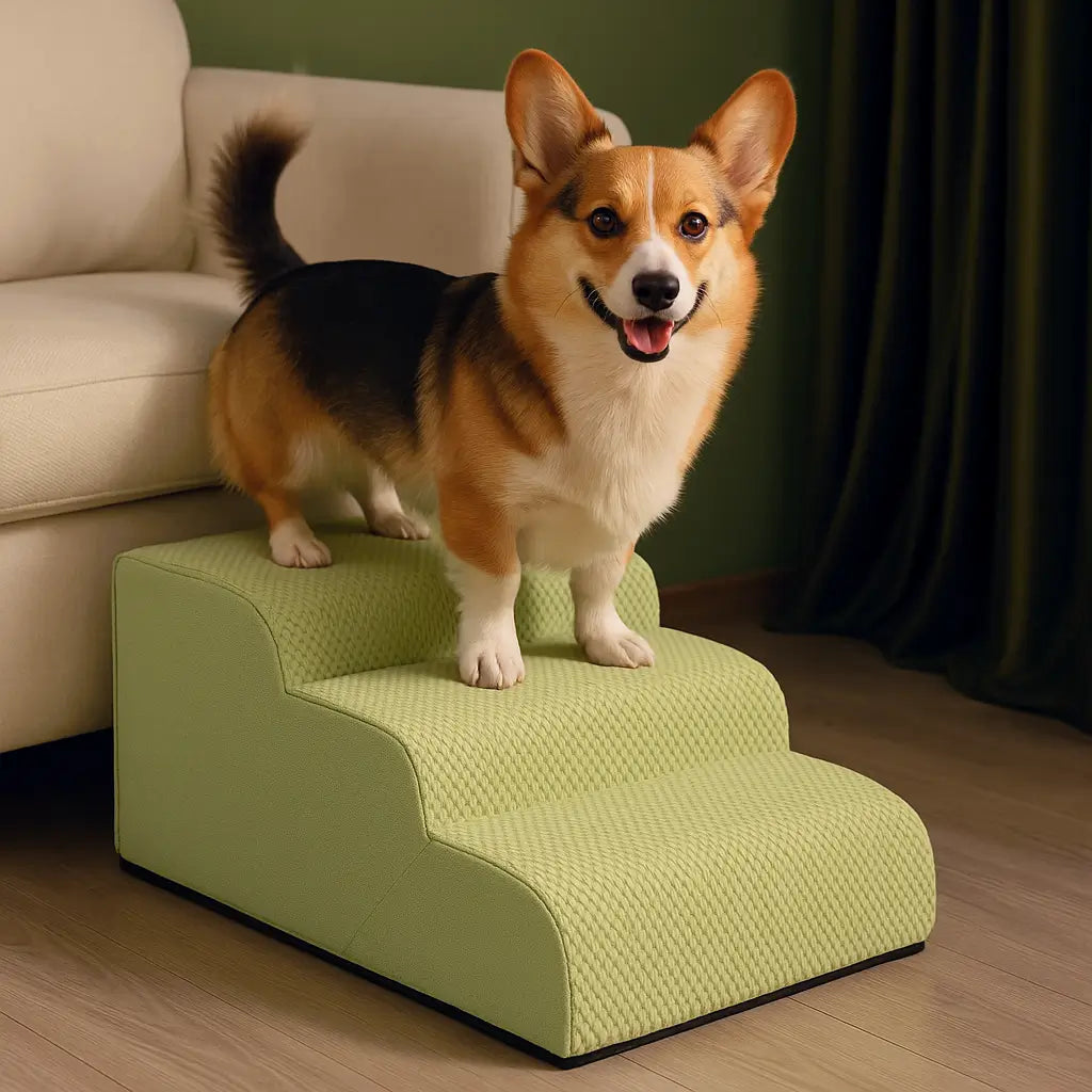 Corgi standing on green three-step dog stairs beside a sofa
