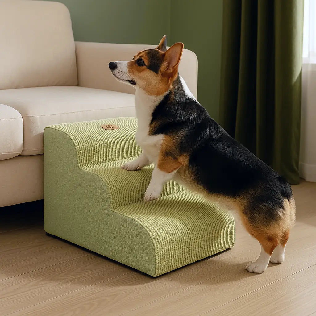 Green orthopedic dog ramp stairs helping a corgi avoid jumping and protect its joints - vivaessencepet