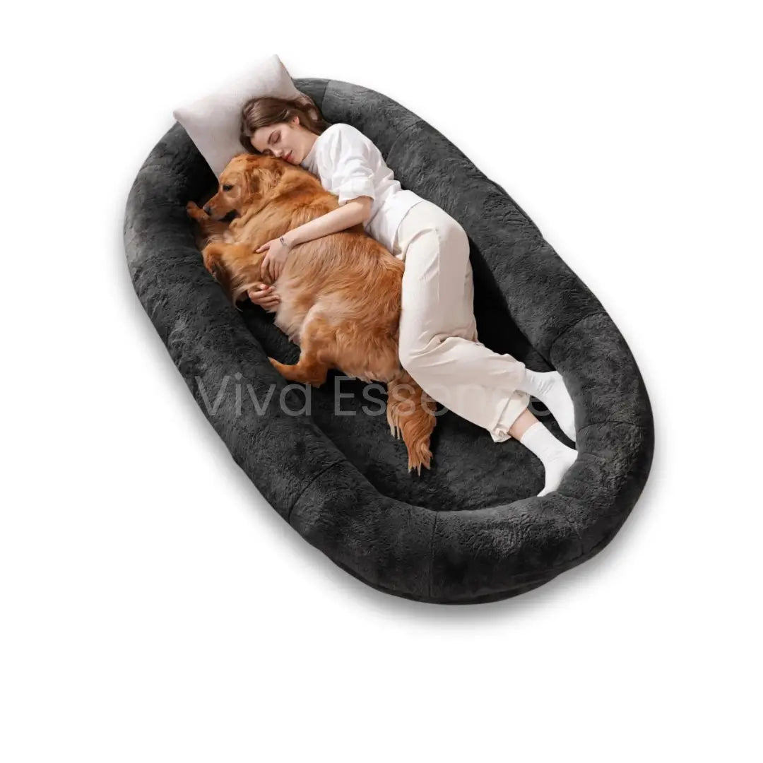 Human-sized dog bed with plush faux fur cover offering a shared sanctuary for people and pets to relax - vivaessencepet