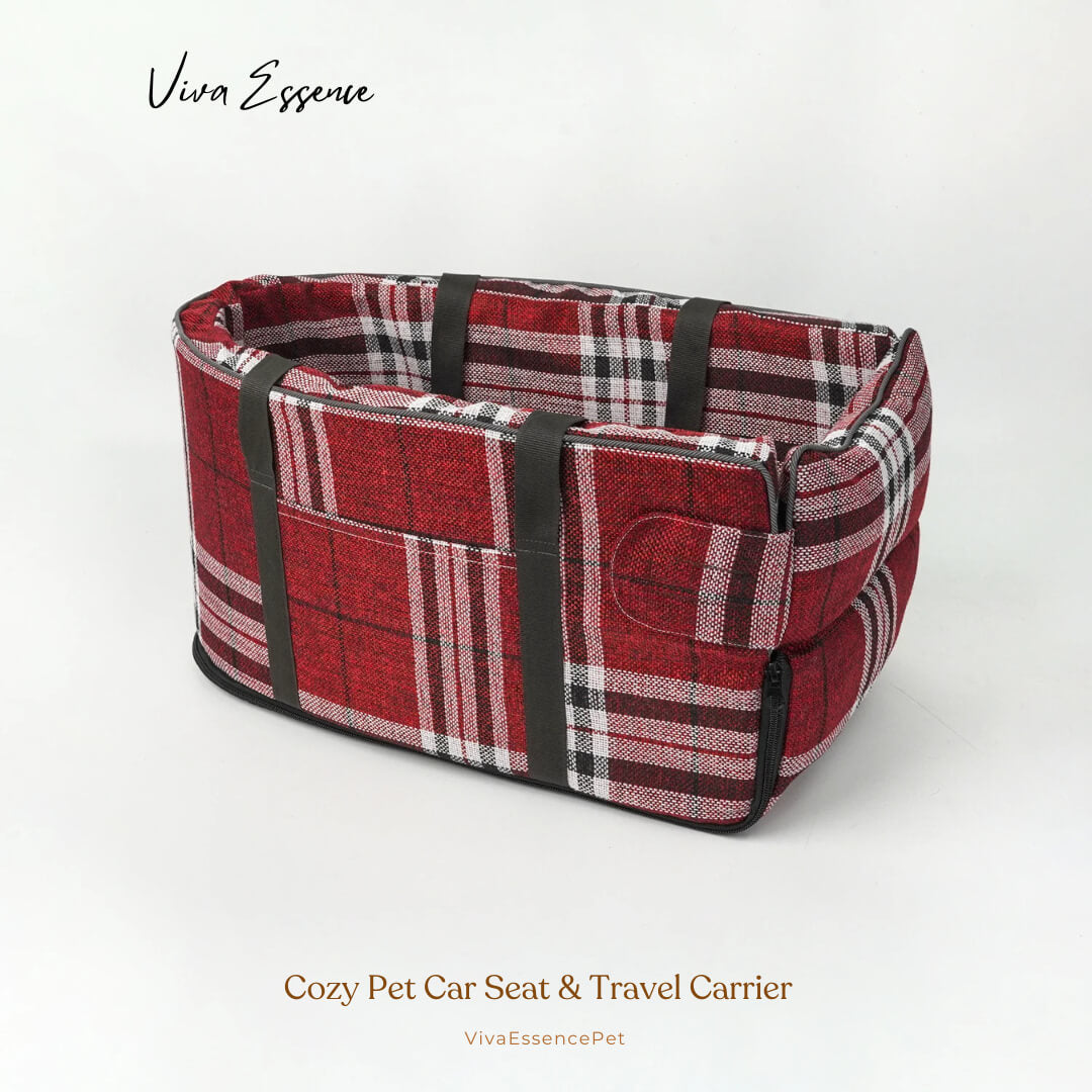 Cozy Pet Car Seat & Travel Carrier - Safe & Comfy Journeys - Plaid Red Viva Essence