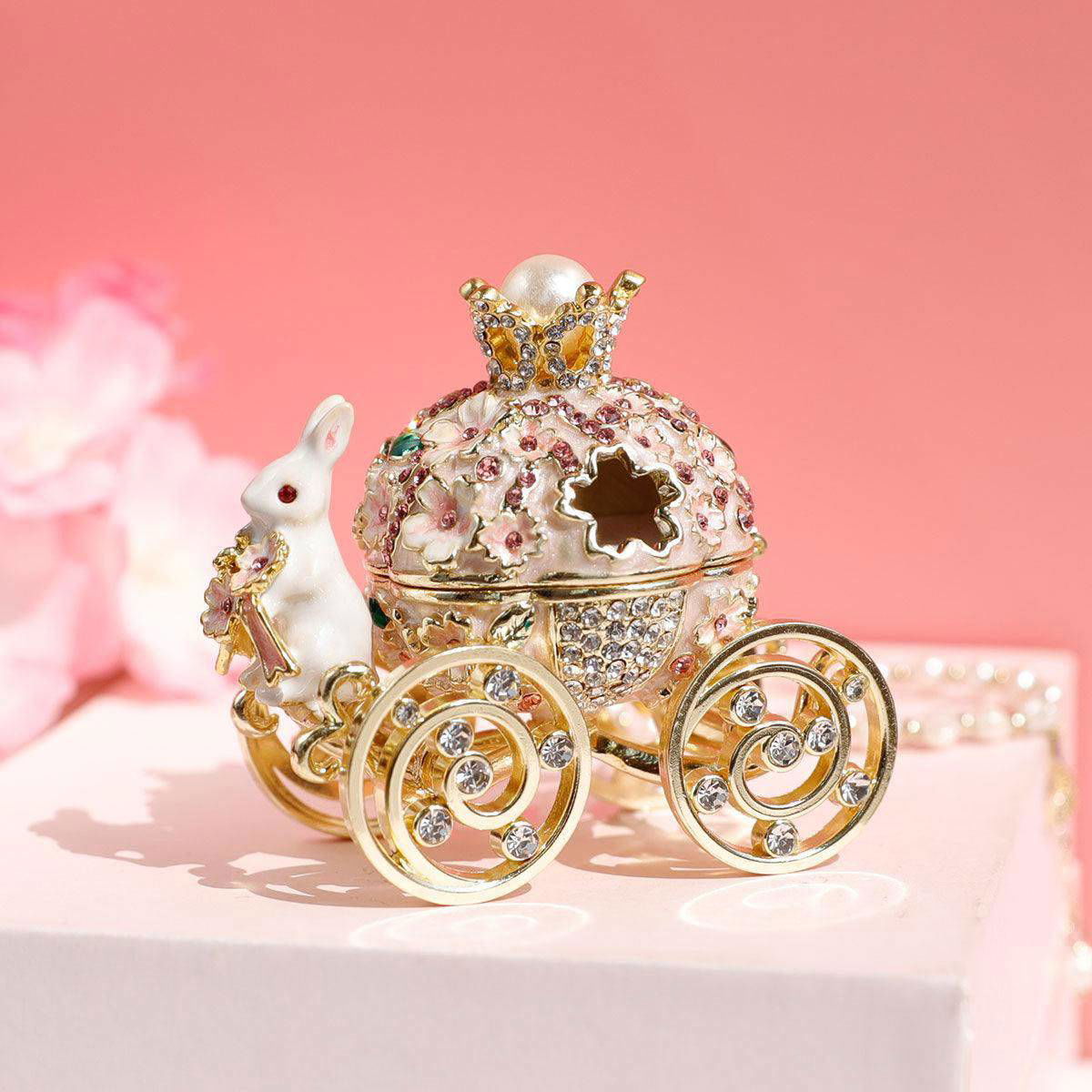 Enchanted Carriage Trinket Box: Blossom Bunny Fairy-Tale Keepsake, Hand-Painted - Pink Cherry and Bunny Carriage Jewelry Box Viva Essence