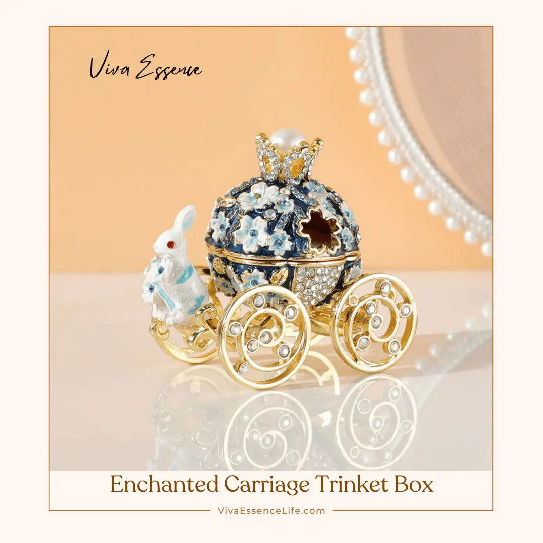 Enchanted Carriage Trinket Box: Blossom Bunny Fairy-Tale Keepsake, Hand-Painted - Dark Blue Cherry and Bunny Carriage Jewelry Box Viva Essence