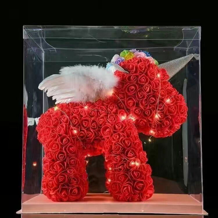 Enchanted Eternal Rose Unicorn Sculpture - Wings Style One, Red Unicorn Viva Essence