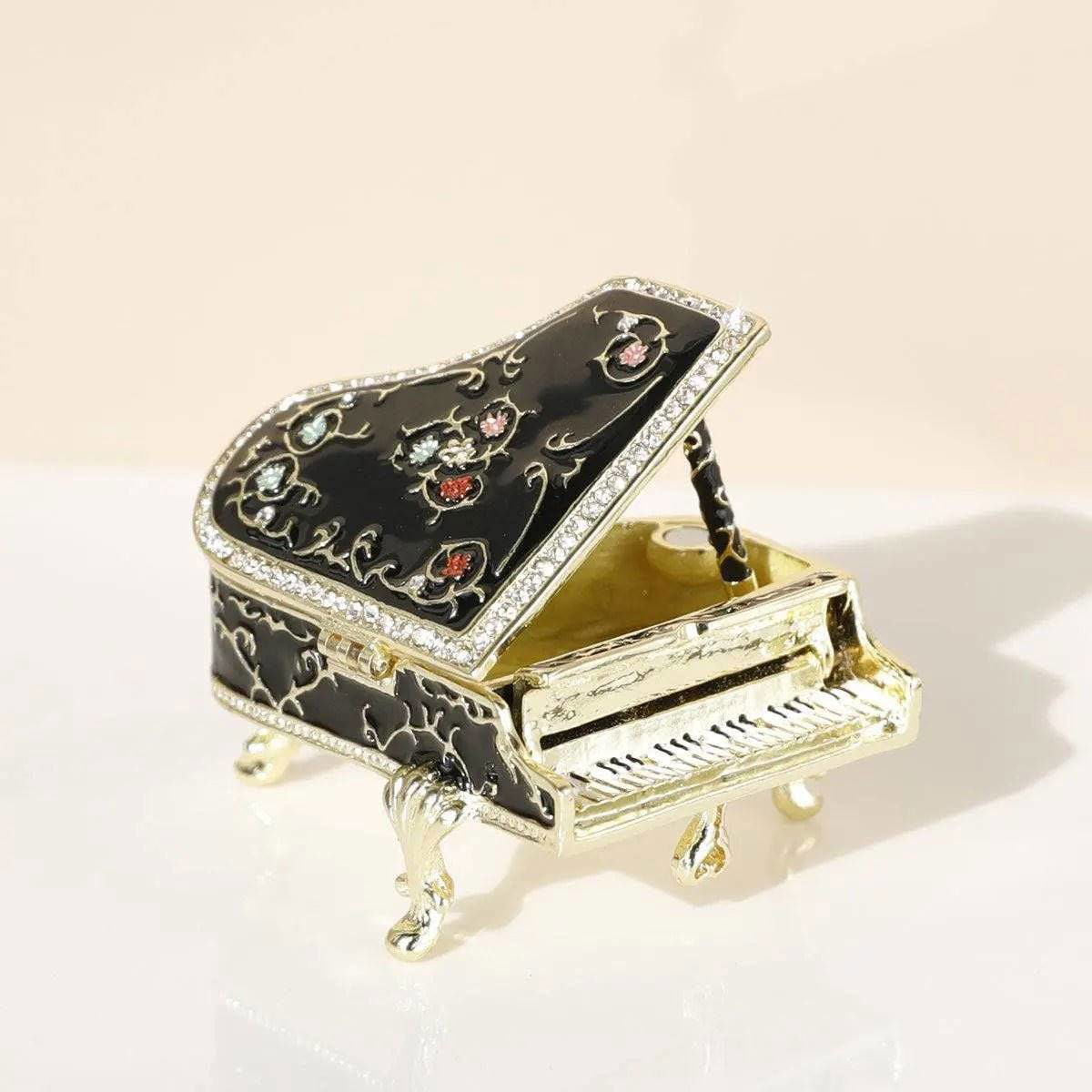 Antique style storage box resembling a classic piano with polished metallic accents - vivaessencepet