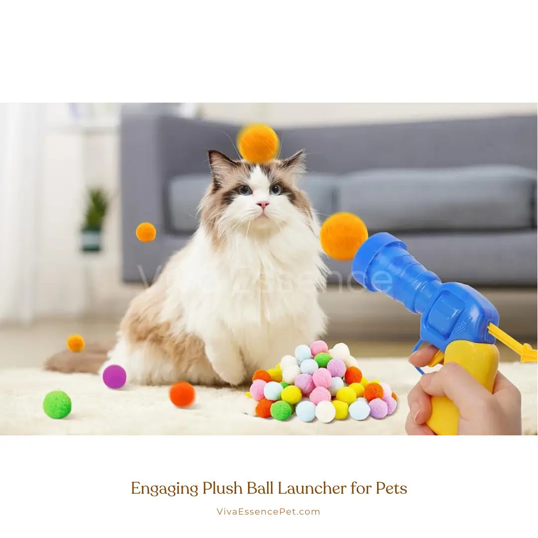Interactive cat toy launcher sending soft plush balls across the floor - vivaessencepet