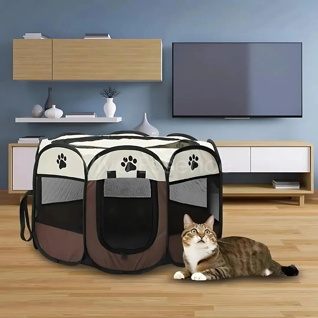 Recinto pieghevole per animali ripiegato nella sua borsa compatta per viaggiare senza sforzo e in tutta comodità - vivaessencepet
