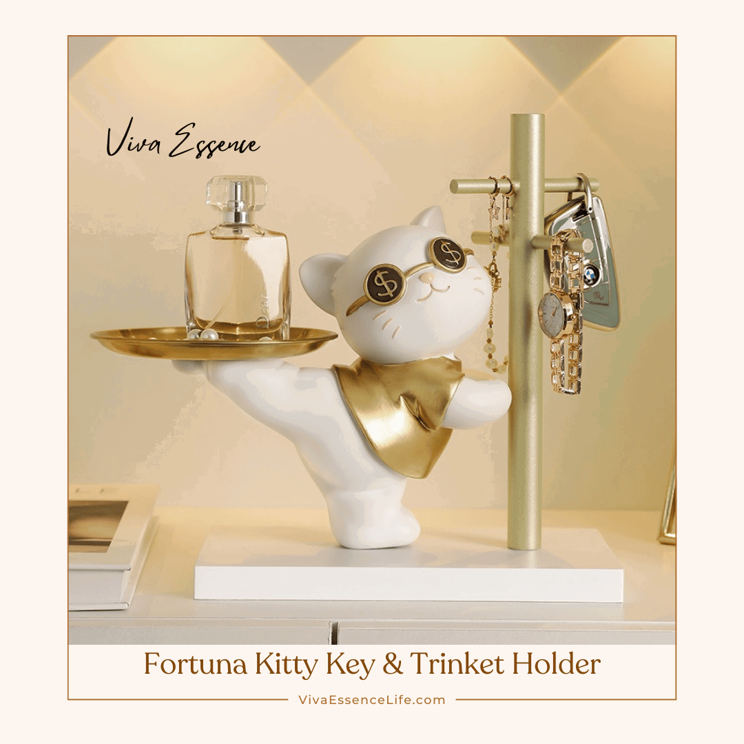 Chic resin cat key holder with metallic gold accents. Perfect decorative key organizer - vivaessencepet
