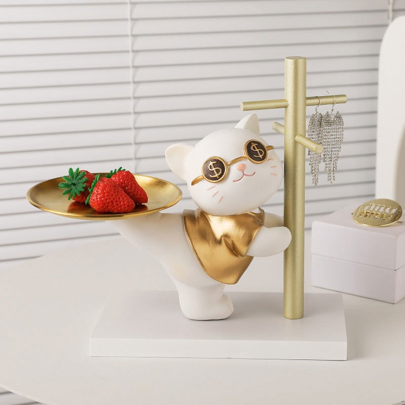 Stylish cat key bowl for entryway tables. Matte finish feline sculpture holding house keys - vivaessencepet
