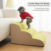 A small dog uses a gentle slope pet ramp with a non-slip cover to safely get onto a modern sofa - vivaessencepet
