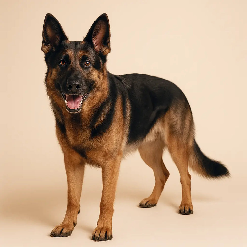 Rex, a four-year-old German Shepherd and Viva Essence Pet model, stretching out after an active day