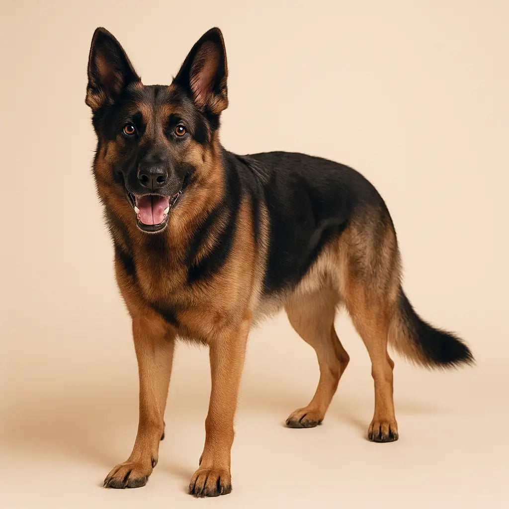 Rex, a four-year-old German Shepherd and Viva Essence Pet model, stretching out after an active day