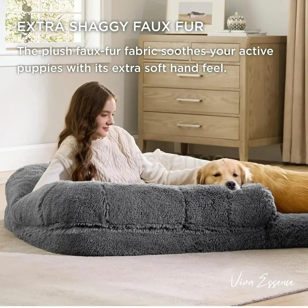 Giant Calming Orthopedic Human Dog Bed, Plush Faux Fur - Viva Essence