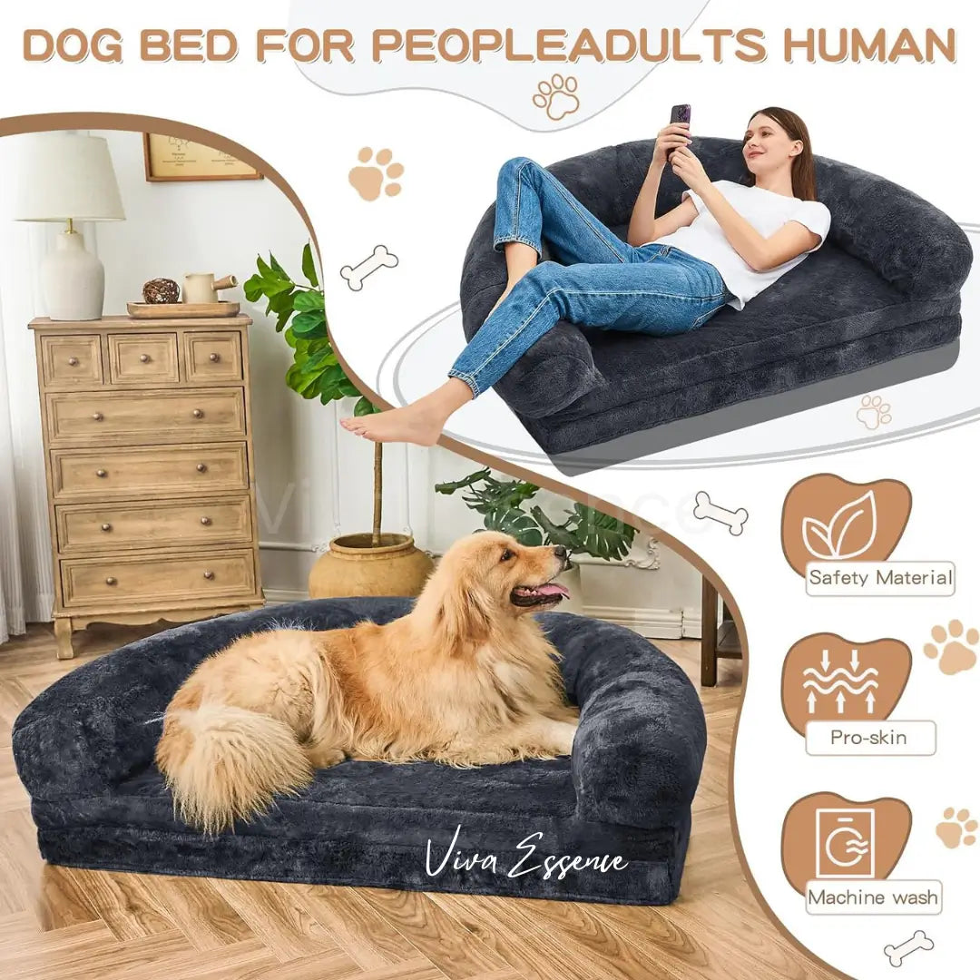 Plush pet bed with 360-degree raised bolsters, acting as the best human dog bed for anxiety and security - vivaessencepet