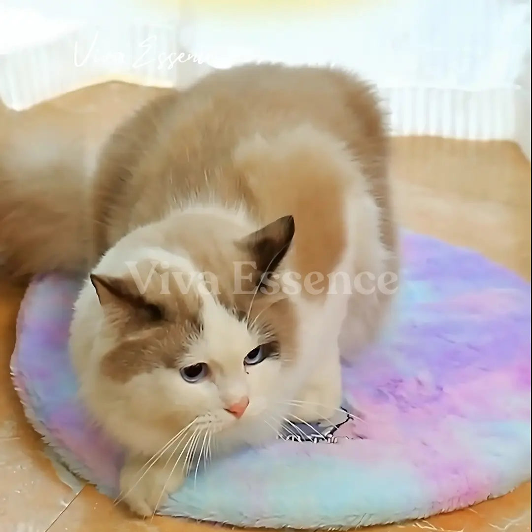 Cat warming pad setup with plush cover and clear move-away space - vivaessencepet