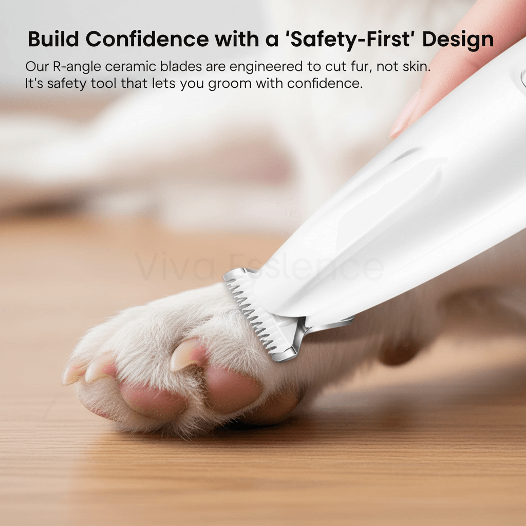 Pet owner using the quiet HydroGuard paw trimmer on a calm dog, highlighting the anti-anxiety benefits - vivaessencepet