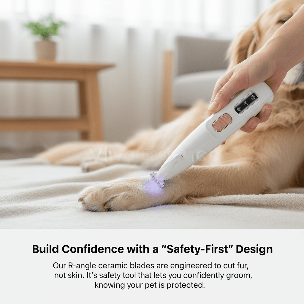 Low noise pet hair trimmer in use on an anxious dog, showing whisper-quiet stress-free paw grooming - vivaessencepet