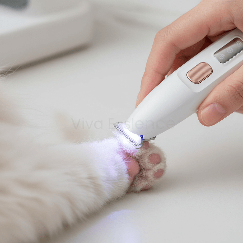 Precision LED paw trimmer illuminating hidden crevices between dog paw pads for safe and accurate cuts - vivaessencepet
