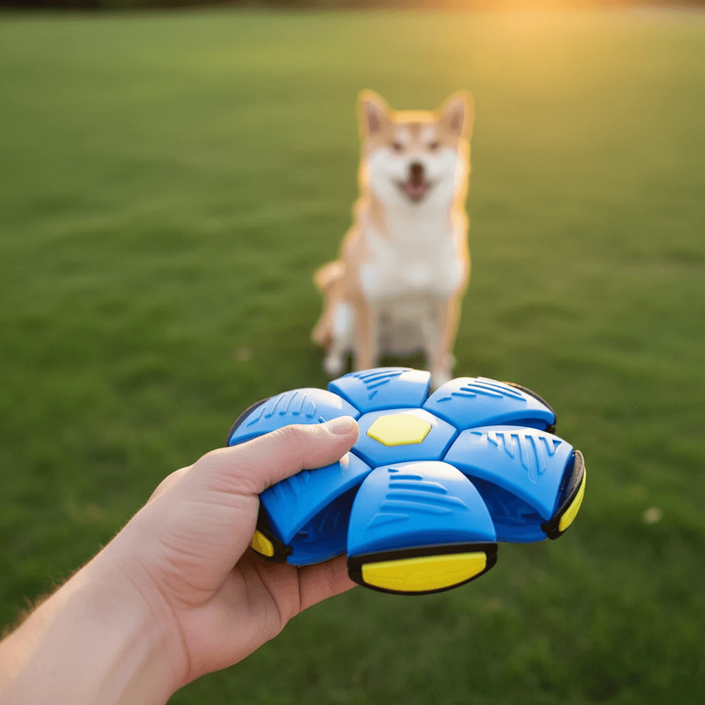 Transforming UFO dog frisbee ball in disc mode for supervised fetch play - vivaessencepet