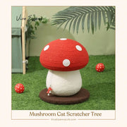 A whimsical mushroom cat scratcher tree with a red cap and a sturdy, natural sisal rope scratching post by vivaessencepet