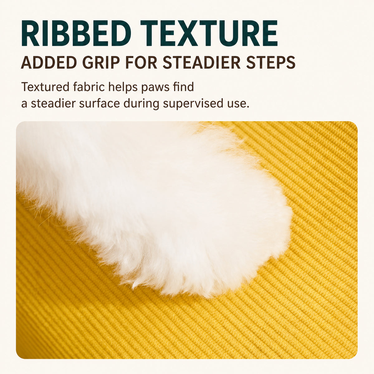Close-up of a white dog paw on the yellow ribbed surface of Orthopedic Dog Stairs, showing added grip.