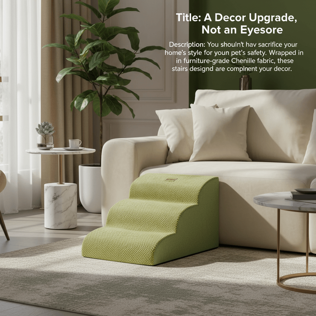 Green upholstered pet stairs beside a sofa in a living room